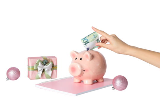 PNG, Christmas piggy bank, with festive decorations and gifts, isolated on white background.