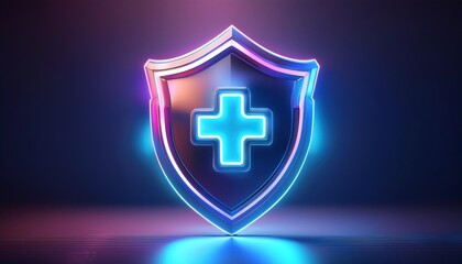 Obraz premium A glowing shield with a medical cross, symbolizing protection and health, set against a dark background with vibrant neon colors.