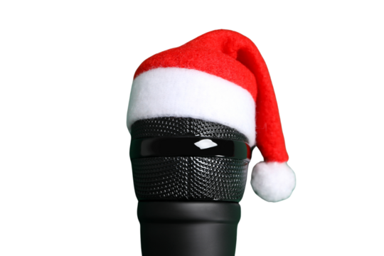 PNG, Christmas gifts with microphone, microphone with santa hat isolated on white background.
