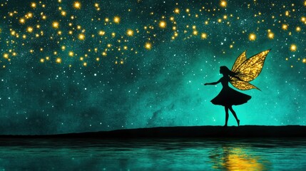 Naklejka premium Magical Fairy Silhouette Glowing in Starry Night Landscape