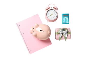 PNG, Christmas piggy bank, with festive decorations and gifts, isolated on white background.