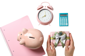 PNG, Christmas piggy bank, with festive decorations and gifts, isolated on white background.