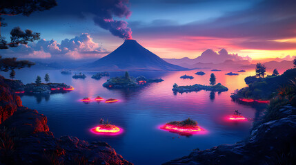 A fantastical scene of a glowing volcanic lake in the azores, surrounded by floating islands and luminescent plants. Luminescent. Illustration
