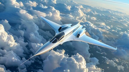 Fototapeta premium Silver supersonic private jet gracefully flies above a blanket of fluffy white clouds. The scene depicts a sense of high-tech advancement and luxurious air travel.