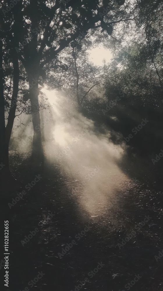 Poster a serene forest path illuminated by soft sunlight filtering through the trees.