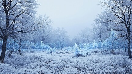 Blue ice and frost covered landscape with bare trees, frosty terrain, frost, cold climate, landscape, snow-covered
