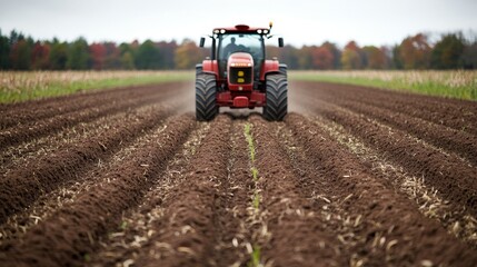 Obraz premium A tractor plowing a field, preparing the soil for planting crops.