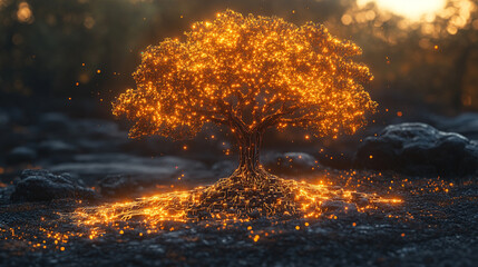 digital golden tree resembling a circuit board, symbolizing technology and nature's interconnectedness, set against an empty blank background, evoking a sense of innovation and potential