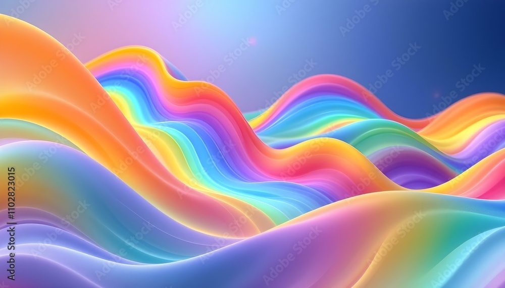 Poster Abstract fluid iridescent holographic neon curved wave in motion colorful background 3d render. Gradient design element for backgrounds. Abstract rainbow colors wave background