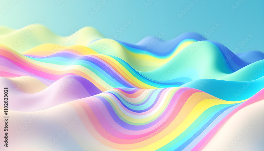 Poster Abstract fluid iridescent holographic neon curved wave in motion colorful background 3d render. Gradient design element for backgrounds. Abstract rainbow colors wave background