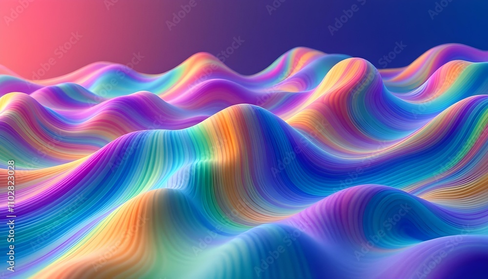 Poster Abstract fluid iridescent holographic neon curved wave in motion colorful background 3d render. Gradient design element for backgrounds. Abstract rainbow colors wave background