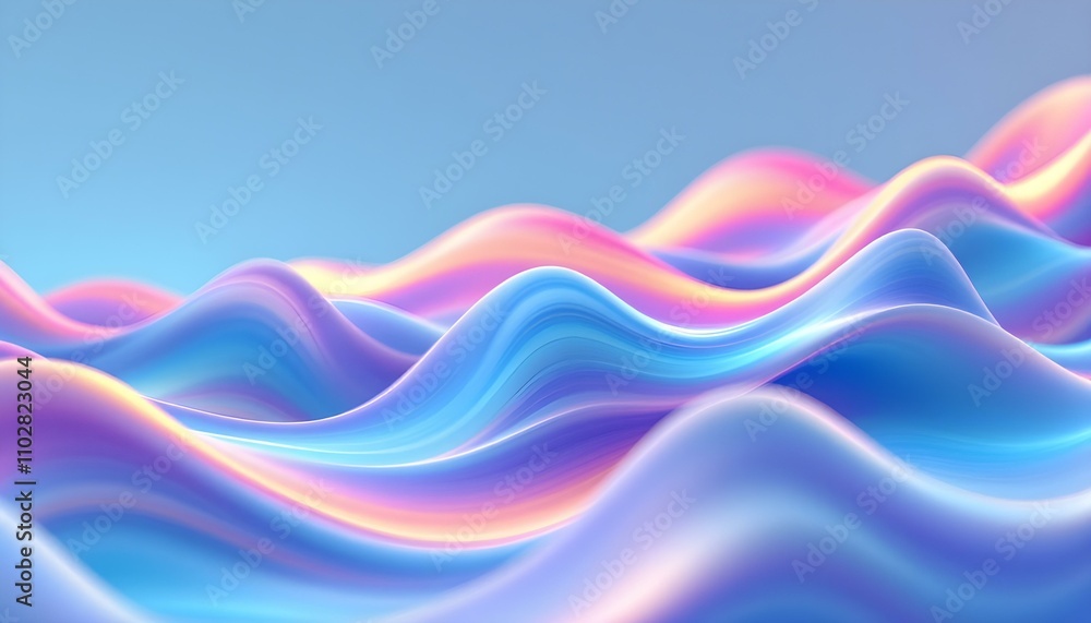 Poster Abstract fluid iridescent holographic neon curved wave in motion colorful background 3d render. Gradient design element for backgrounds. Abstract rainbow colors wave background