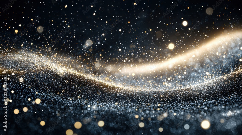 Poster art effect style, a shimmering wave of golden particles against a dark backdrop, creating a dynamic 