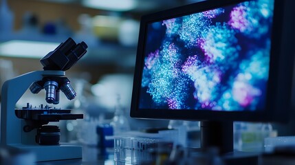 Fototapeta premium Microscope image of genetically engineered bacteria, displayed on a digital screen in a lab