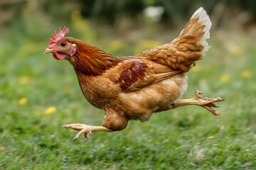 A chicken running fast from the side.