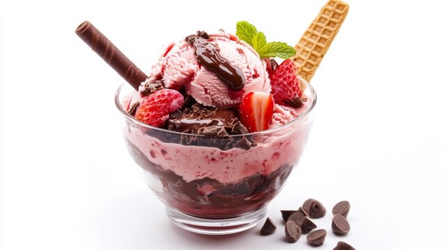 Strawberry and chocolate sundae ice cream cup and wafer stick isolated on white background
