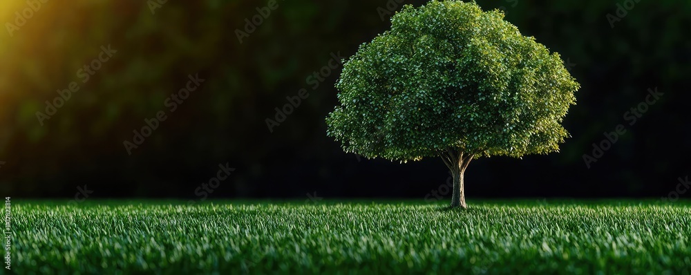 Poster green tree on a sunny field with vibrant grass and a soft focus background.