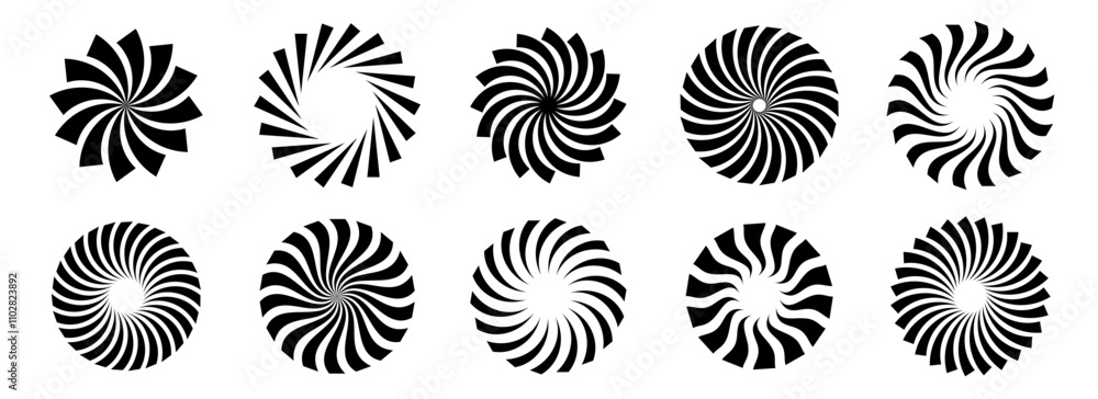 Poster Set of black circle rotating rays and beams. Radial sunburst elements pack. Round spinning swirls, stars and twirls pack. Illustration bundle for banner, badge, sticker, poster. Vector