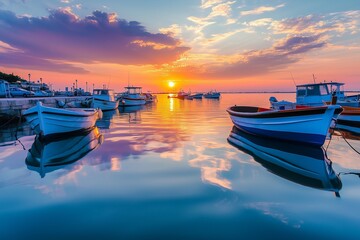 "Sunset over a quiet harbor casts a warm glow on calm waters, reflecting colorful hues and gently moored boats.