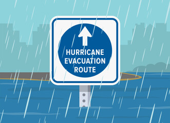 Driving tips and traffic regulation rules. Close-up of a "hurricane evacuation route" traffic sign. Flooded road during rain. Flat vector illustration template.