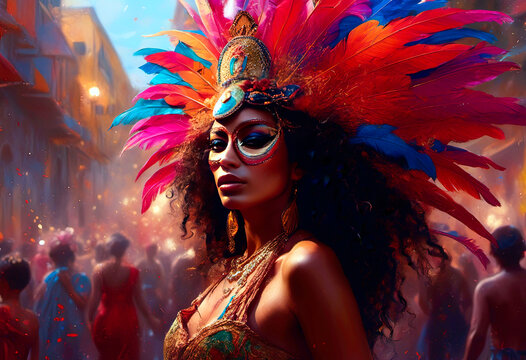 Colorful Carnival Celebration with Feathered Costume and Festive