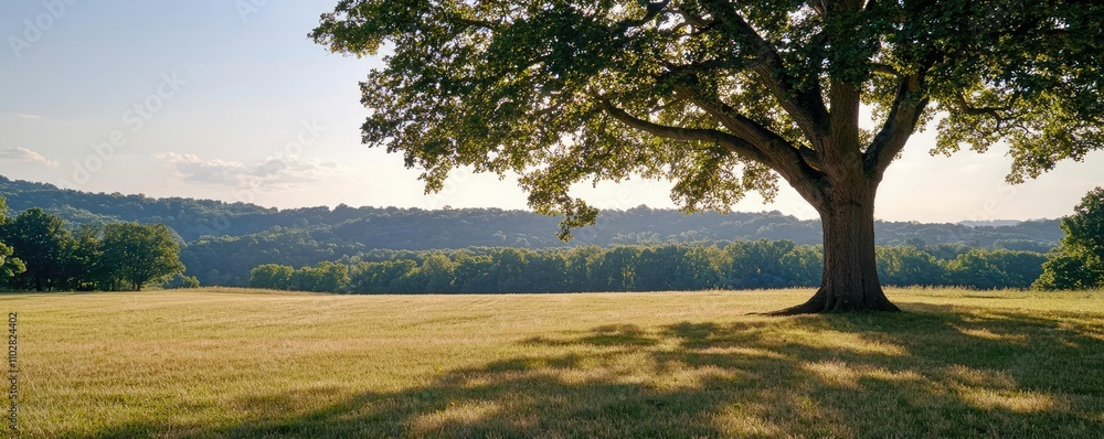 Poster lush green field with a majestic tree under a clear sky.