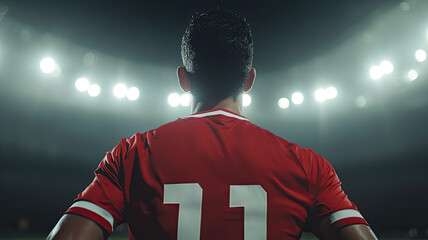 Fototapeta premium sports player in red jersey stands under bright stadium lights, showcasing determination and focus. atmosphere is electric, capturing essence of competitive sports