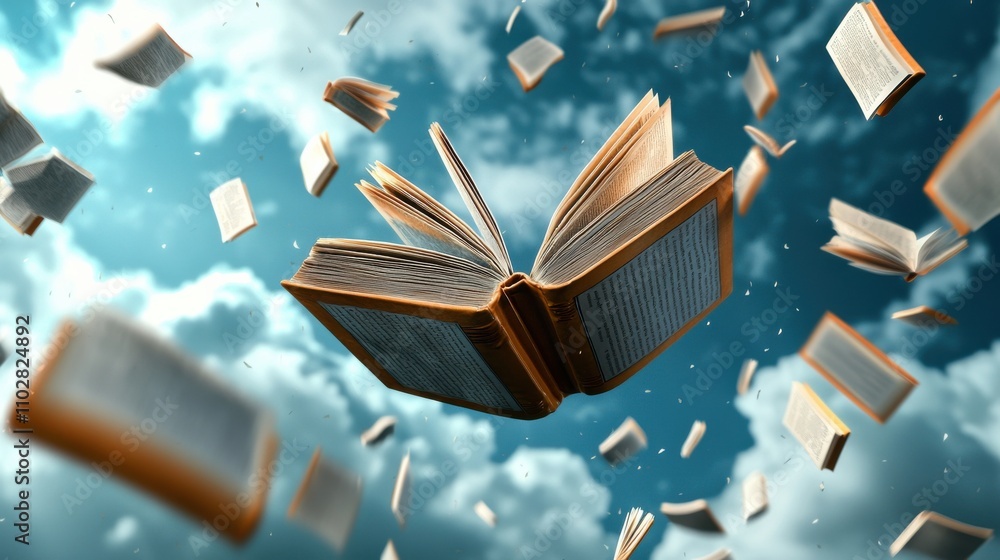 Poster magical open book floating in whimsical surreal scene
