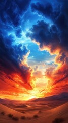 A vibrant sunset with dramatic clouds in shades of blue, orange, and red over a serene landscape.
