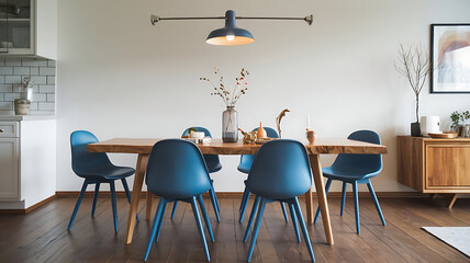 Wooden dining table and blue chairs. Scandinavian home interior design of modern dining room.
