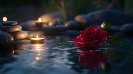 Red rose floating on water, surrounded by stones and candles in a peaceful garden setting at night.