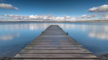 A serene wooden pier extending into a calm lake under a blue sky with fluffy clouds.