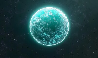 Glowing teal exoplanet in dark space.