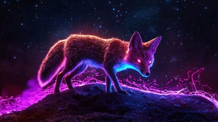 Enchanted Fox Glowing in Starry Mystical Nightscape