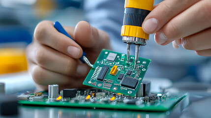 Expert hands skillfully repair circuit board with precision tools in electronics industry