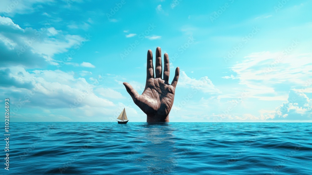 Poster surreal hand emerging from the serene ocean inviting a journey of introspection and wonder