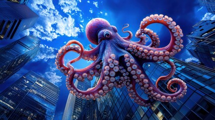 Obraz premium Surreal Octopus Emerging from Futuristic Undersea Cityscape with Towering Skyscrapers