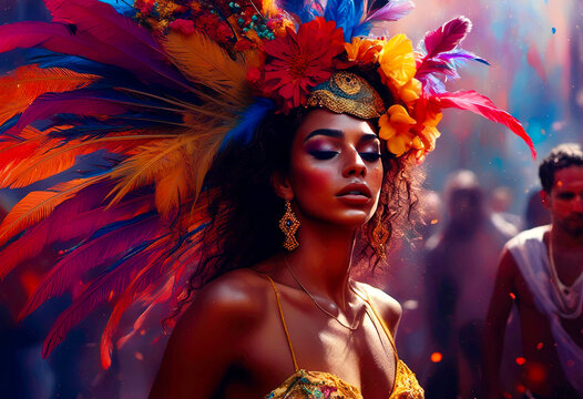 Vibrant Carnival Woman in Colorful Feathered Headdress