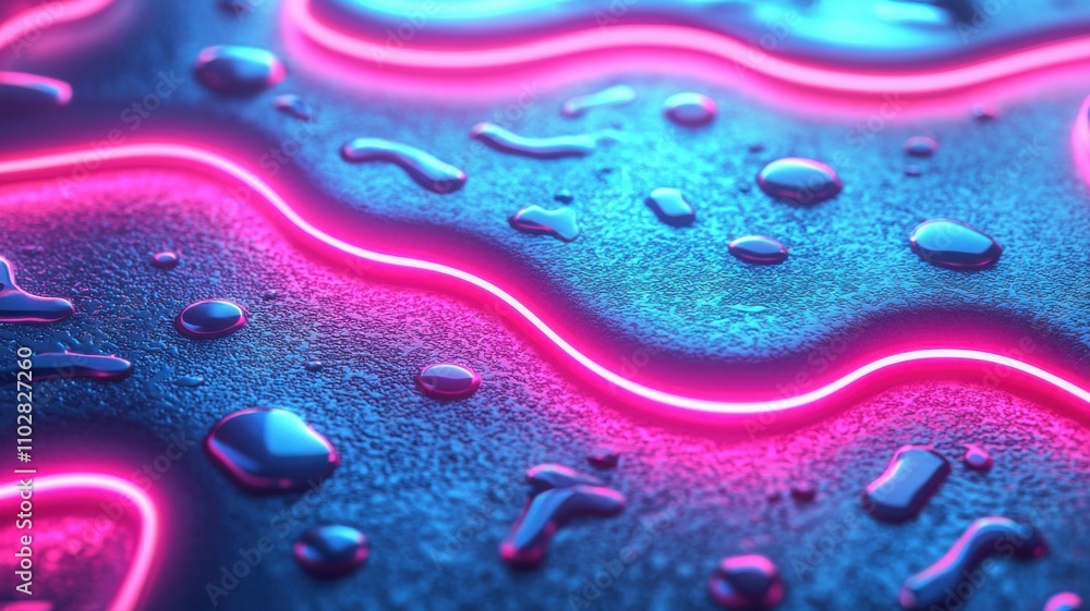 Poster art effect style, a vibrant abstract background featuring flowing neon lines and droplets of water, 