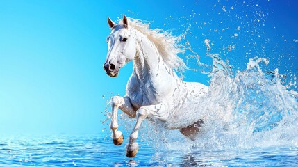 Majestic white horse leaping through splashing water against blue sky background