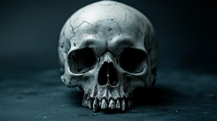A detailed skull resting on a dark surface, emphasizing its texture and structure.