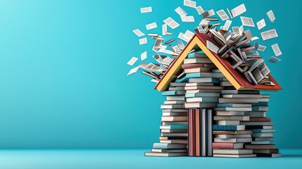 Stacked Books Forming a House Symbolize Education Knowledge and Creativity