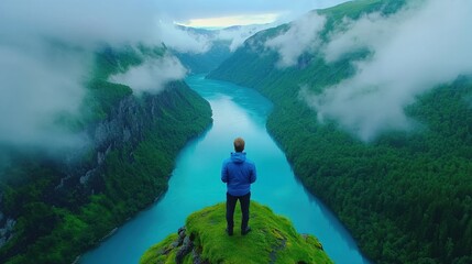 Obraz premium Majestic Fjord Man on Clifftop Serene Landscape Travel Photography