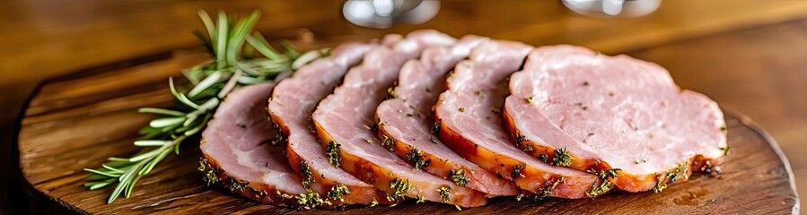 Sliced cured meat on a wooden board with garnish and label.