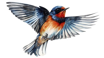 Obraz premium A sweet swallow with agile wings, flying swiftly through the air on a white background