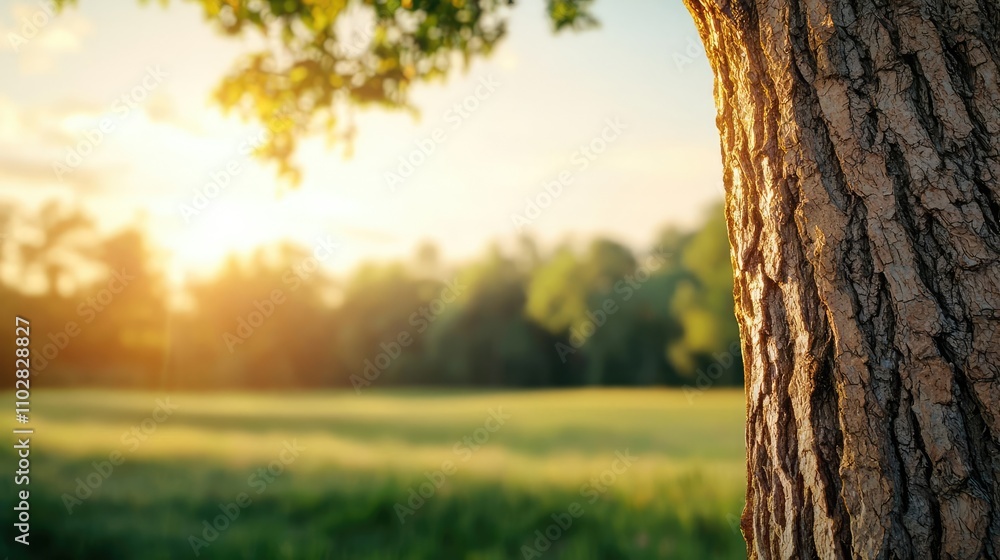 Poster Close-up of tree bark with sunlight illuminating a green field in the background.