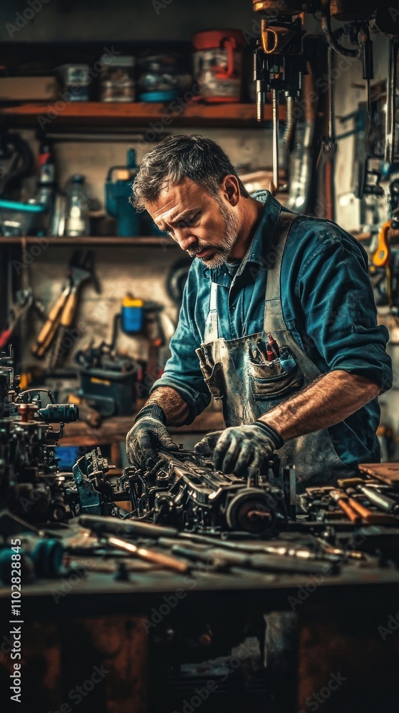 Poster a mechanic works diligently on an engine in a cluttered workshop filled with tools.