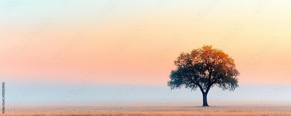 Poster lonely tree standing in a serene landscape during twilight colors.