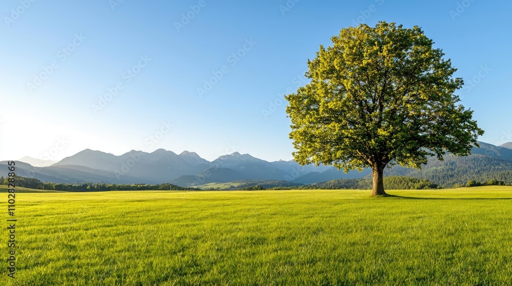 Poster lone tree standing tall in a vibrant green field with mountains in the background.