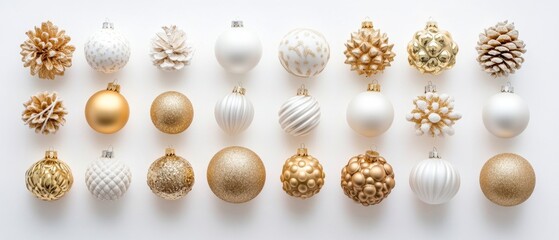 Top view of white and golden Christmas decorations arranged isolated on white background
